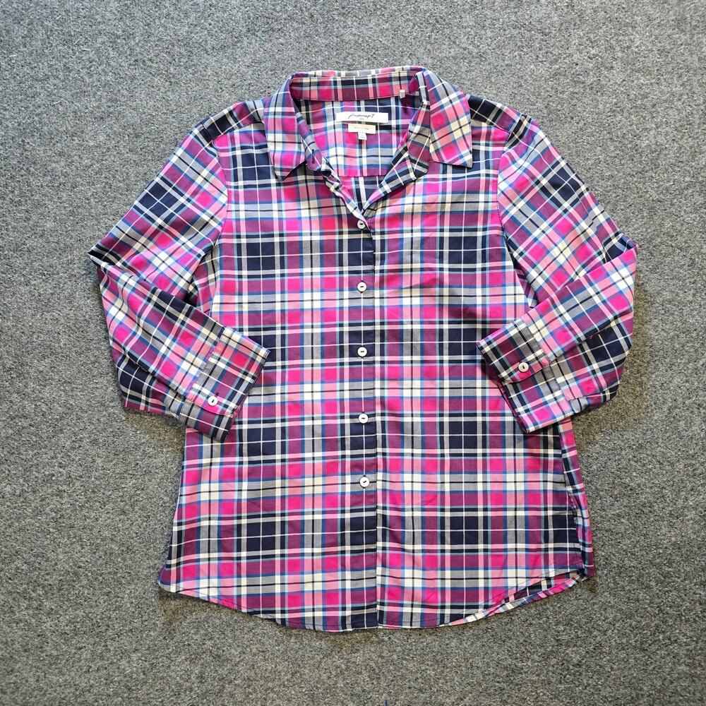Foxcroft Top Women 8 Pink Plaid Wrinkle Free Button Up Long Sleeve Casual Career